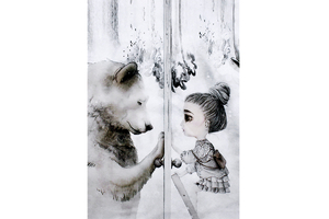Waterproof panel for a work carrier - Mojo Graffi collection - a girl with a teddy bear